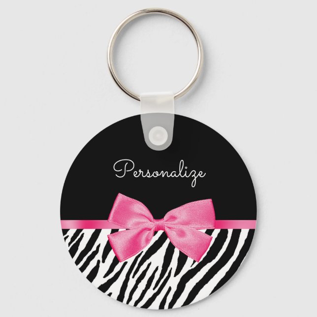 Trendig Zebra tryck Chic Shock rosa Bow och Namn Nyckelring (Framsida)