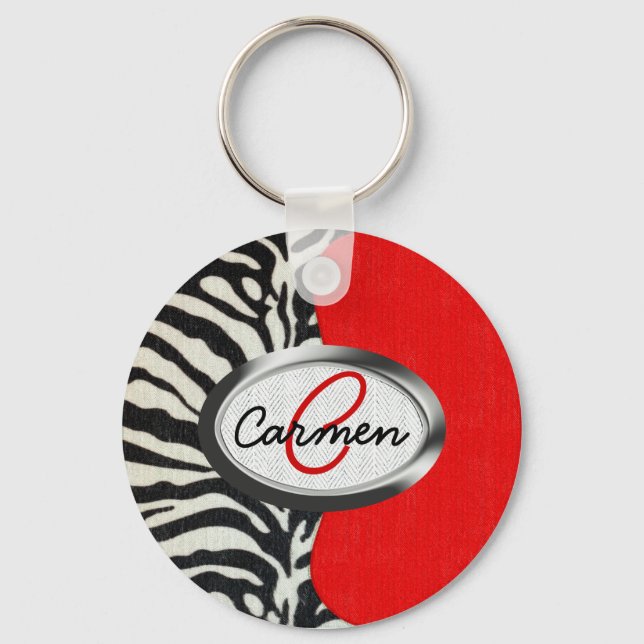 Trendig Zebra tryck och Neon Red Monogram Nyckelring (Framsida)