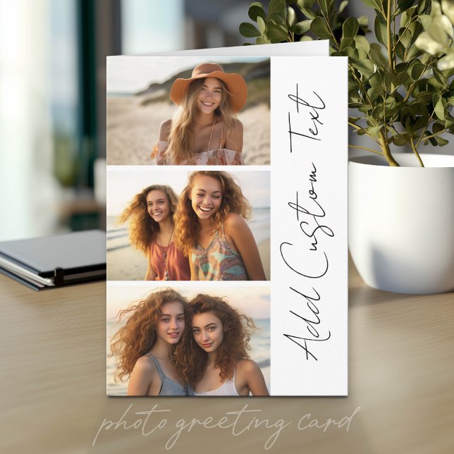 Trendiga 3 bilder svart & vit modernt skrivet namn kort (Photo Greeting Card)
