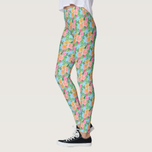 Trendiga akvarell rosa blommor på ljust blått leggings