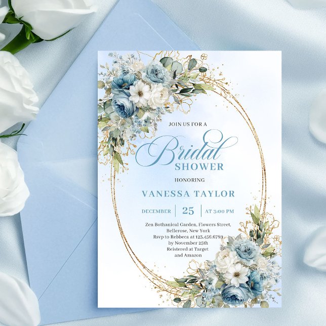 Trendiga dammiga blå blommor Eucalyptus Bröllopsdu Inbjudningar (Trendy Dusty Blue Flowers Eucalyptus Bridal Shower Invite)