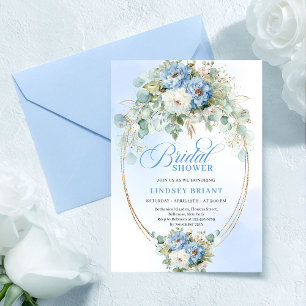 Trendiga dammiga blå blommor Guld bröllopsdusch-ko Inbjudningar
