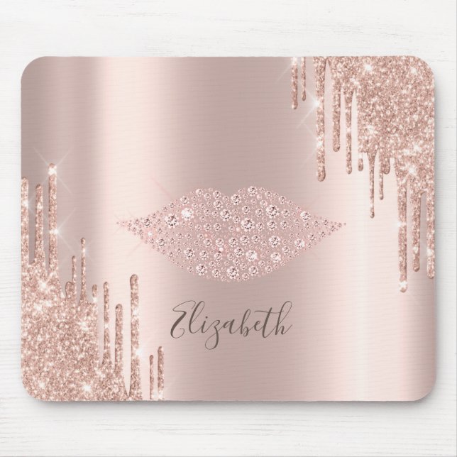 Trendiga Diamanter Läppar Rosa Guld Glitter Drippa Musmatta (Framsidan)
