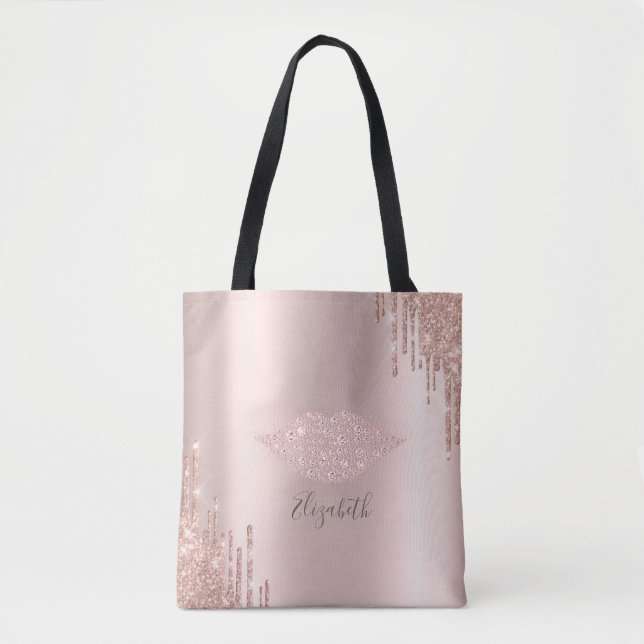 Trendiga diamanter läppar Rose Gold Glitter Drips  Tygkasse (Framsida)
