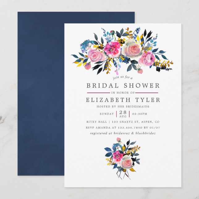Trendiga färgnyanser Watercolor Blommig Bröllopsdu Inbjudningar (Fram/baksida)