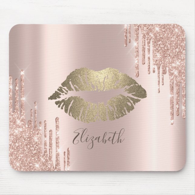 Trendiga Glitterläppar i Guld Rosa Glitterdroppar Musmatta (Framsidan)