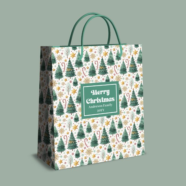 Trendiga julgranar och sockerrör namn påpse (Trendy Christmas trees and candy canes name bag)