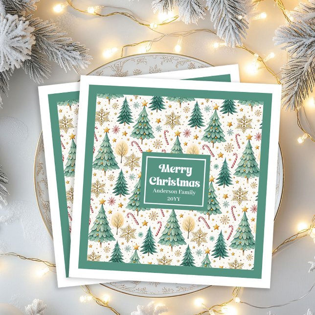 Trendiga julgranar Röda Gröna Guld Servetter (Trendy Christmas Trees Red Green Gold Napkins)
