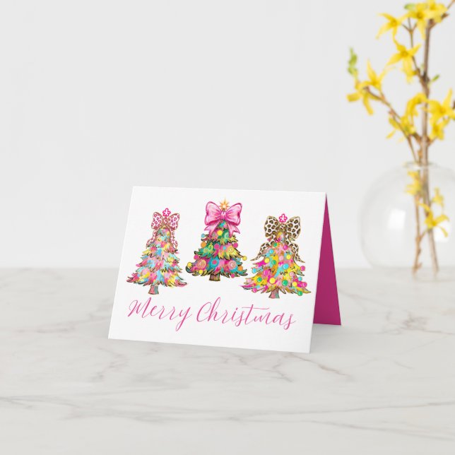 Trendiga rosa och gröna julgranar kort (Gul blomma)