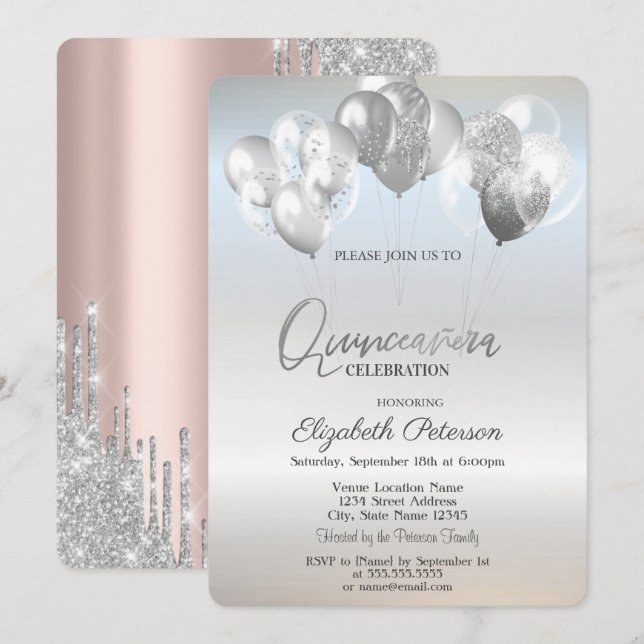 Trendiga Silver Glitter Drips Ballonger  Inbjudningar (Fram/baksida)