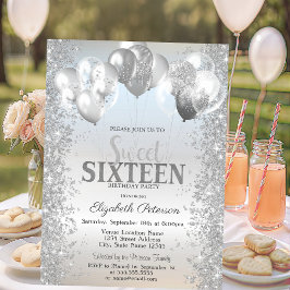 Trendiga Silver Glitter Konfettiballonger Sweet 16 Inbjudningar