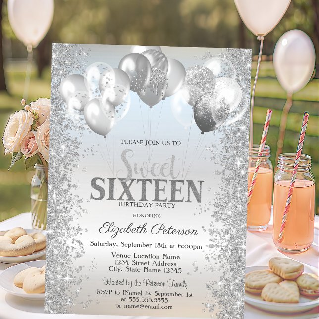 Trendiga Silver Glitter Konfettiballonger Sweet 16 Inbjudningar (Skapare uppladdad)