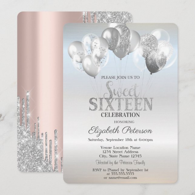 Trendiga Silver Glitterdroppar Ballonger Sweet 16 Inbjudningar (Fram/baksida)