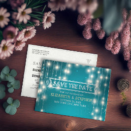 Trendiga turkosa strängljus Bröllop Save the Date Meddelande Vykort