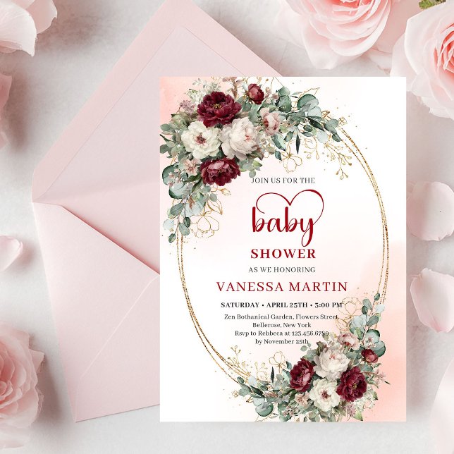 Trendiga vinröda blommor Eucalyptus Baby Shower  Inbjudningar (Trendy Burgundy Flowers Eucalyptus Baby Shower Invite)