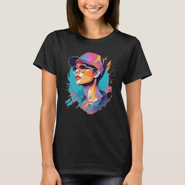 Trendiges Pop Art Portrait - Frau mit Capi Brille T Shirt (Framsida)