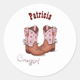 Trendiget Anpassat namn Cute CowGirl Boots Rosa Br Runt Klistermärke