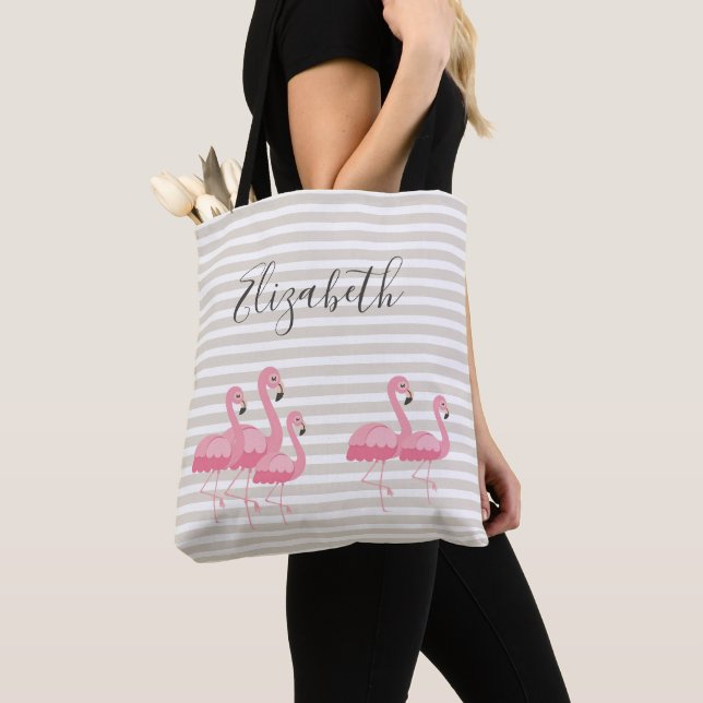 Trendiget Anpassat namn för Cute Rosa Flamingo Tan Tygkasse (Närbild)