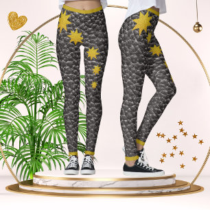 Trendiget Black Faux Leather Struktur Guld Stars Leggings