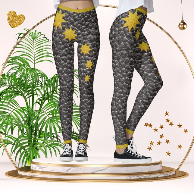 Trendiget Black Faux Leather Struktur Guld Stars Leggings (Skapare uppladdad)
