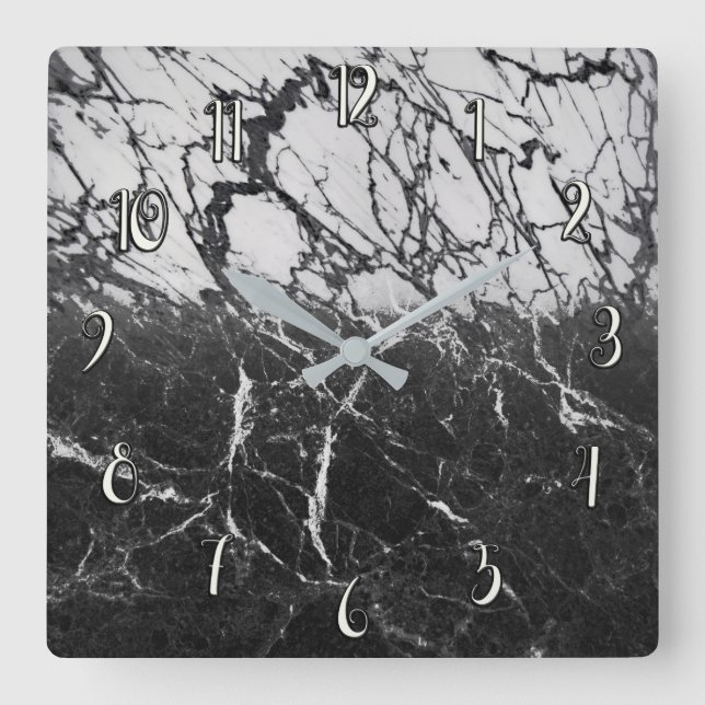 Trendiget Black & White Marble Modern Glam Fyrkantig Klocka (Framsida)