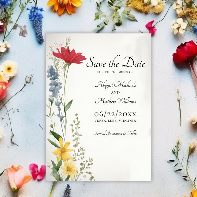Trendiget Blommigt Bröllop Spara Datumet (Front - Beautiful Wildflowers Nature Trendy Floral Wedding Save The Date)