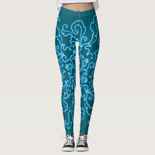 Trendiget Blue Neon Mörk Teal Abstrakt Line Art Leggings