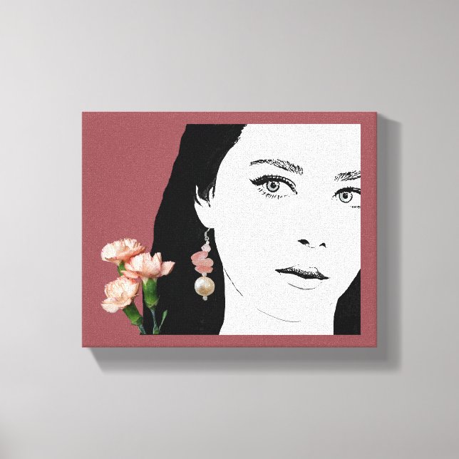 Trendiget Boho girl rosa blommor mode illustration Canvastryck (Framsida)