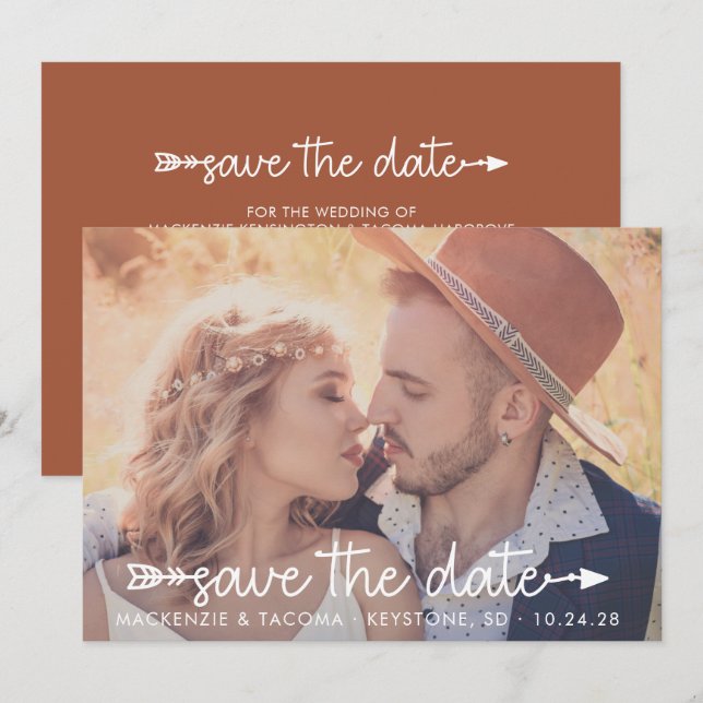 Trendiget Boho Tribal Typography Photo Save Date (Fram/baksida)