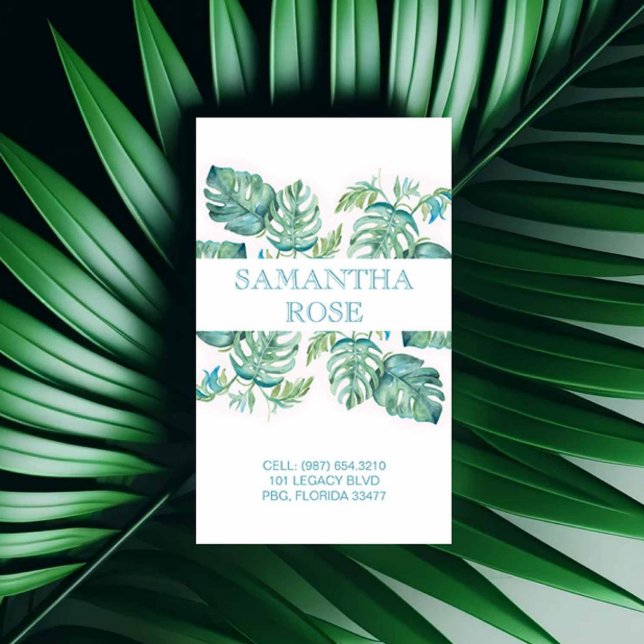 Trendiget Botaniska Monstera Handflatan Löv Kust Visitkort (Tropical business cards watercolor monstera palm leaves by Victoria Grigaliunas Do Tell A Belle)