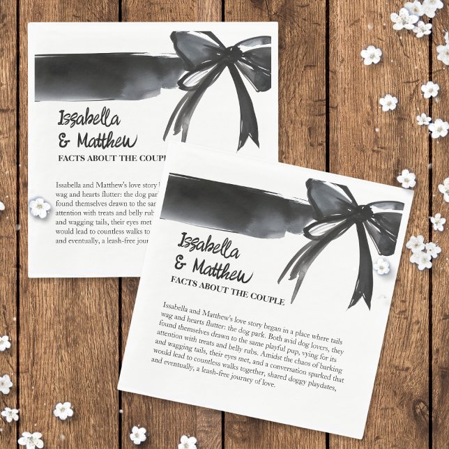 Trendiget Bow Black and White i bröllop par Facts Pappersservett ( Wedding Couple Facts Trendy  Watercolor Bow Black and White  Napkins with elegant simple poem text)