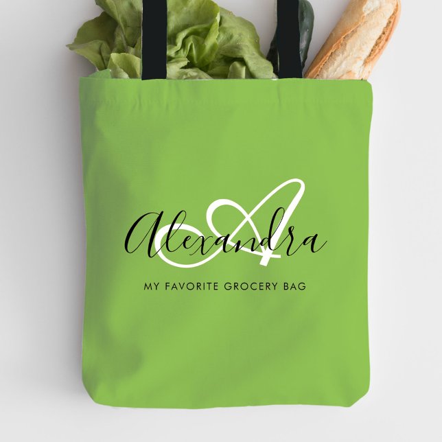 Trendiget Elegant i Grönten  i gigantiskt ljus Tygkasse (Girly Bright Green Trendy Elegant Script Monogram Tote Bag)