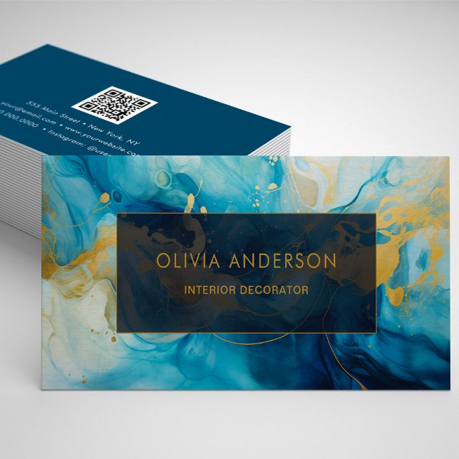 Trendiget för lyxblått Guld QR-koden Mode Visitkort (Luxury Blue Gold QR Code Fashion Trendy Modern Business Card)