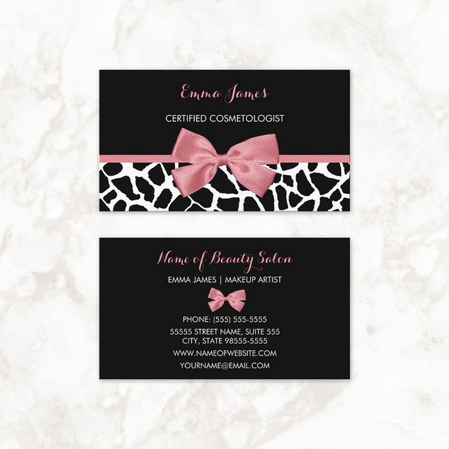 Trendiget Giraffe Print Rosy Rosa Bow Visitkort (Cosmetologist Trendy Giraffe Print Rosy Pink Bow Business Cards)