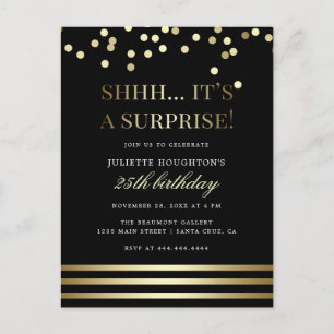 Trendiget Guld Confetti Surprise Party Inbjudan Vykort