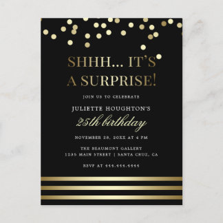 Trendiget Guld Confetti Surprise Party Inbjudan Vykort