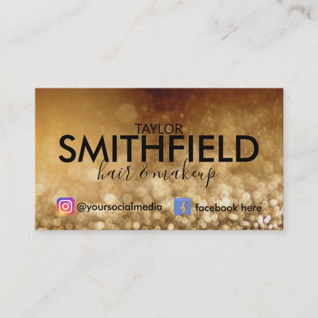 Trendiget Guld Glitter Social Media Hair & Makeup Visitkort (Framsida)