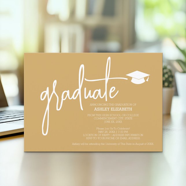 Trendiget Guld Grad i det moderna Student Anpassni Inbjudningar (Modern Graduation Announcement and Party Invitation)