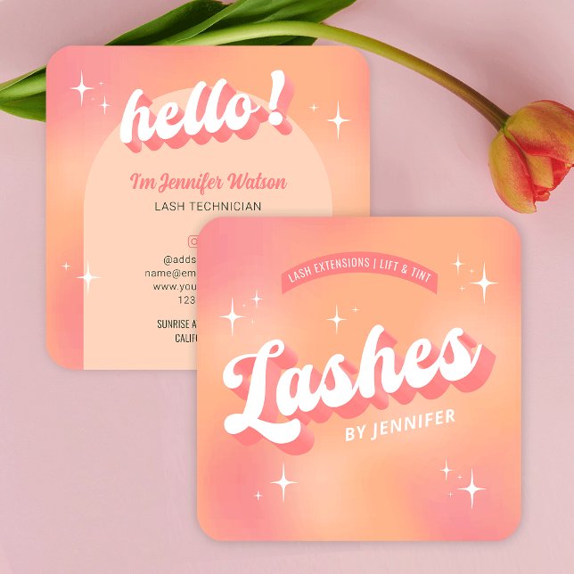 Trendiget Lash Groovy Retro Girly Lash Extensions  Fyrkantigt Visitkort (Lashes business cards in trendy retro style with pastel peach background and groovy fonts)