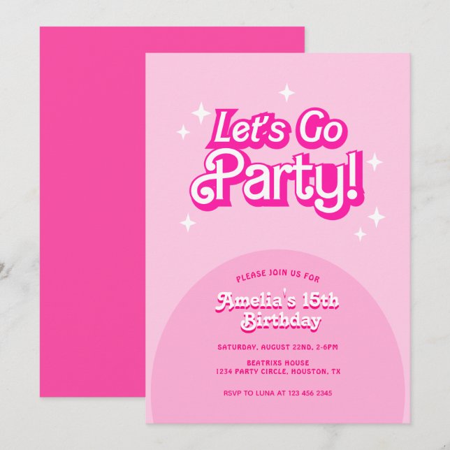 trendiget Låt oss Gå Party rosa Birthday Inbjudningar (Fram/baksida)
