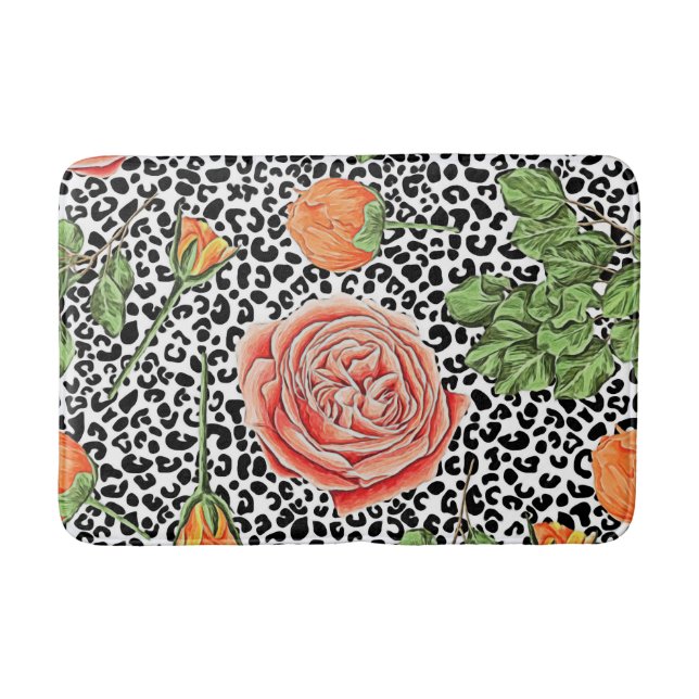 Trendiget Leopard Print Chic Orange Ro Blommigt Badrumsmatta (Framsidan)