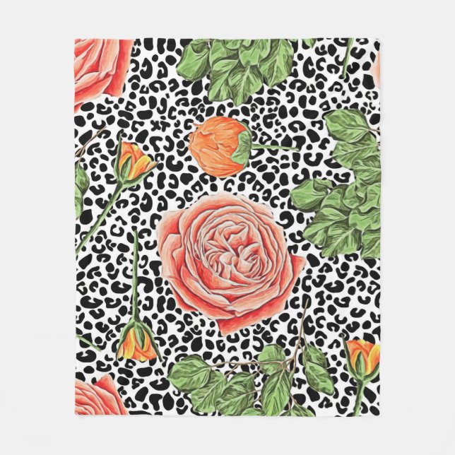 Trendiget Leopard Print Chic Orange Ro Blommigt Fleecefilt (Framsidan)