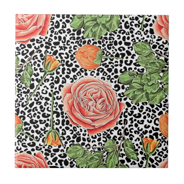 Trendiget Leopard Print Chic Orange Ro Blommigt Kakelplatta (Framsidan)