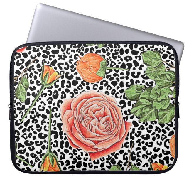 Trendiget Leopard Print Chic Orange Ro Blommigt Laptop Fodral (Framsidan)
