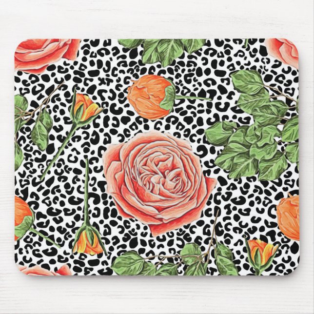 Trendiget Leopard Print Chic Orange Ro Blommigt Musmatta (Framsidan)