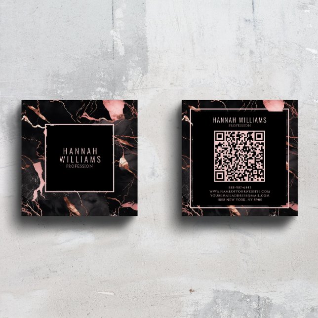 Trendiget Marble Black Ro Guld QR Code Girly Fyrkantigt Visitkort (Skapare uppladdad)