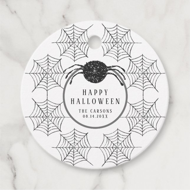 Trendiget Modern Black White Spindelnät Halloween Gåvor Etiketter (Framsida)