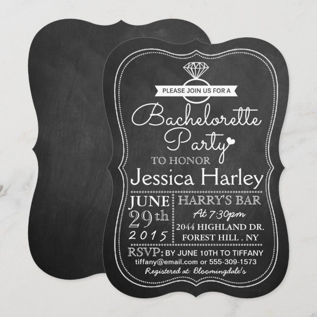 Trendiget Modern Chalkboard Bachelorette Party Inbjudningar (Fram/baksida)