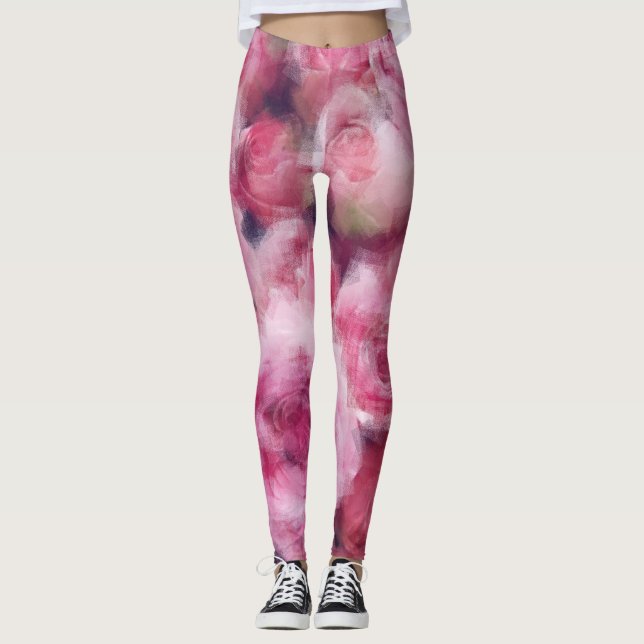 Trendiget Modern Elegant Rosa Blommigt Chic Röd ro Leggings (Framsida)