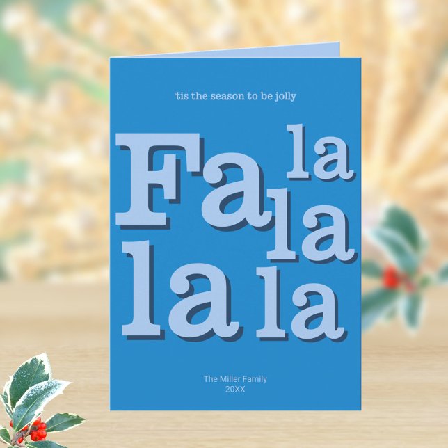 Trendiget Modern Fa La Himmel Blue Simple Typograp Helgkort (Personalized folded Christmas greeting cards in bright sky blue)